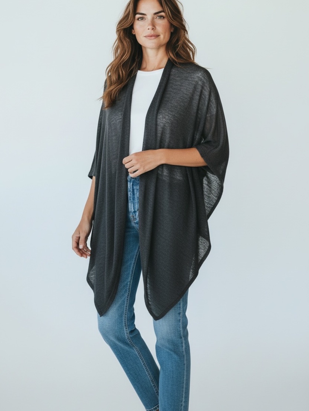 Cato Charcoal Open-Front Draped Wrap Cape